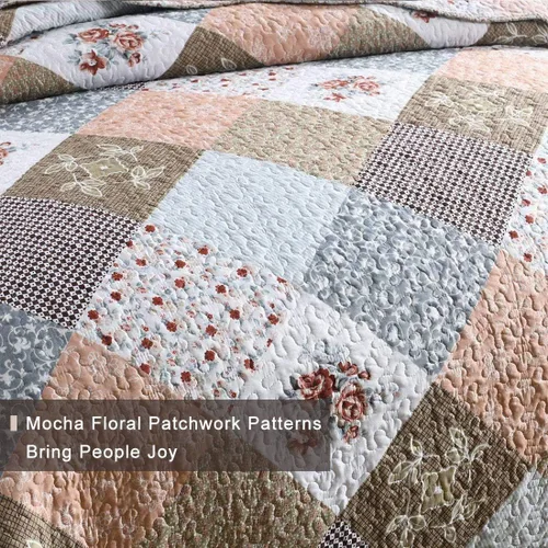 Vista 5 de Homcosan - Juego de colchas para cama tamaño King (98x106 pulgadas), diseño reversible de retazos florales en moka, colcha ligera para todas