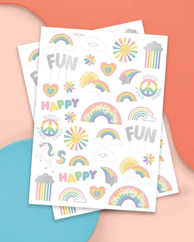 Vista 2 de xo, Fetti - Tatuajes temporales de arcoíris pastel - 46 estilos de lámina plateada Suministros para fiesta de cumpleaños de unicornio, baby