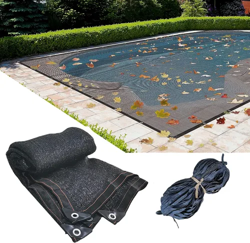 Vista 10 de Redes de hojas de piscina de 14 x 26 pies para piscinas enterradas, cubierta de red de hojas de malla rectangular duradera con ojales y cuerda