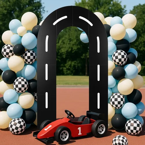 Vista 8 de Zhanmai Decoración de fondo para fiesta de carreras, soporte de arco de pista de carreras en forma de U con bolsa de agua ponderada, juego de tabla