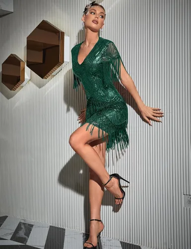 Vista 4 de Vestido de manga casquillo midi con lentejuelas vintage con flecos, vestido de lentejuelas de los años 20