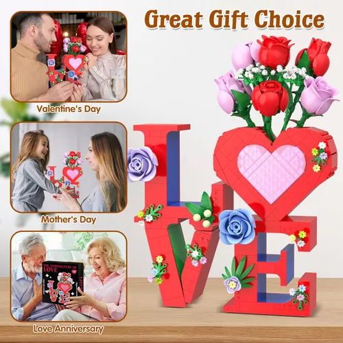 Vista 7 de QIFUN Juego de construcción de florero de corazón romántico de amor, 1216 piezas de ramo de flores de rosas para adultos, regalos creativos