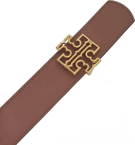 Vista 4 de Tory Burch 141742 Britten Logo Negro/Bronceado clásico con herrajes dorados Cinturón reversible de 1.5 pulgadas de ancho para mujer