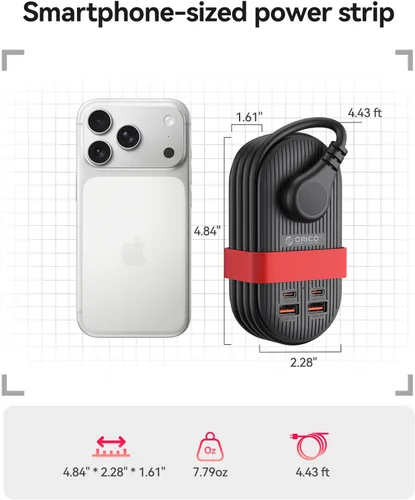 Vista 5 de ORICO Tira de alimentación de viaje de 22.5 W, estación de carga 7 en 1 (3 AC, 4 puertos USB) Cable de extensión de 4 pies, enchufe plano esencial