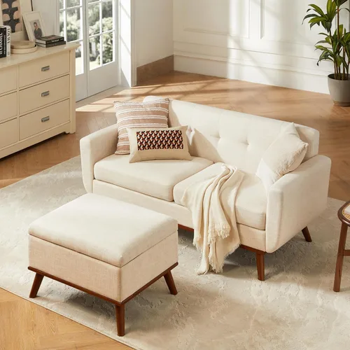 Vista 18 de Kingfun Juegos de muebles de sala de estar, estándar y otomano, sofás de decoración moderna de mediados de siglo, muebles tapizados con botones Beige