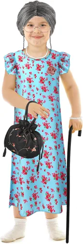 Vista 5 de Yingzhao Disfraz de anciana de Halloween de 20 piezas para niños y niñas, juego de cosplay de abuela, peluca para fiesta de Halloween, Estilo moderno