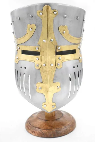 Vista 2 de Medieval Warrior Templar Brass Crusader Casco de caballeros Para adultos Disfraces medievales Soporte libre