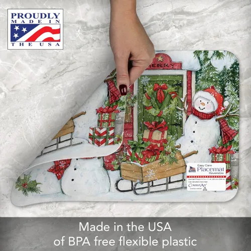 Vista 4 de Wipe-Clean - Manteles individuales reversibles de Decofoam Snowman's Farmhouse, juego de 2, fabricados en los Estados Unidos