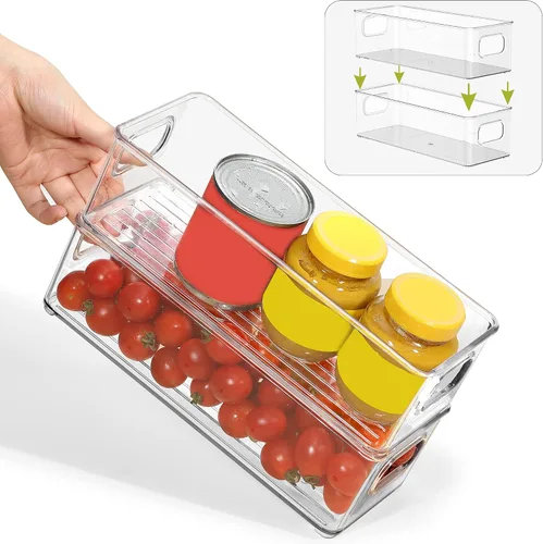 Vista 6 de Contenedor apilable de plástico para almacenamiento de alimentos con asas para despensa de cocina, gabinete, refrigerador, congelador, organizador