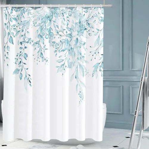 Vista 19 de Tititex - Juego de cortinas de ducha de eucalipto negro, hojas de acuarela gris en la parte superior, con decoración floral de baño, 60 x 72