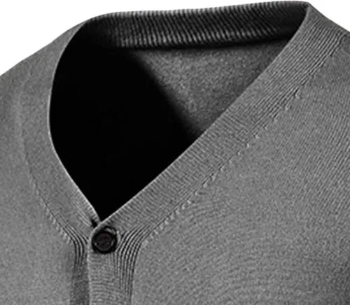 Vista 4 de JEShifangjiusu Cárdigan de algodón para hombre, con botones, cuello en V, suéter de punto básico, ligero, holgado, abrigo, Gris oscuro