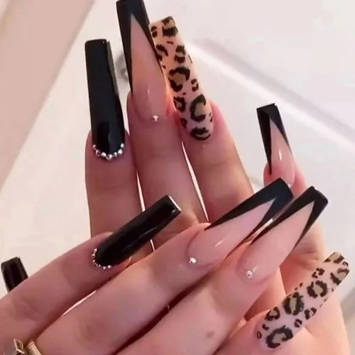 Vista 23 de Uñas postizas francesas a presión, uñas postizas largas de acrílico con forma de ataúd de cobertura completa, uñas postizas de bailarina