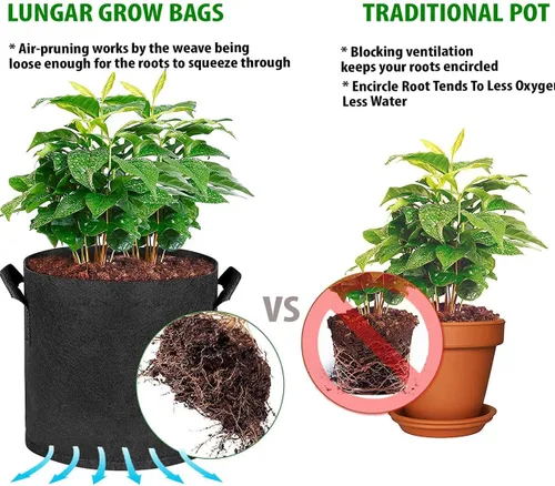 Vista 3 de Bolsas de cultivo LUNGAR 10 galones. Juego de 5 macetas para plantar, tela de aireación más gruesa de 300G, no tejida, asas reforzadas para maceta