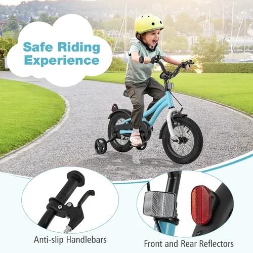 Vista 7 de BABY JOY Bicicleta deportiva de 12, 14, 16, 18 pulgadas, con ruedas de entrenamiento, asiento ajustable, freno de mano y freno de posavasos