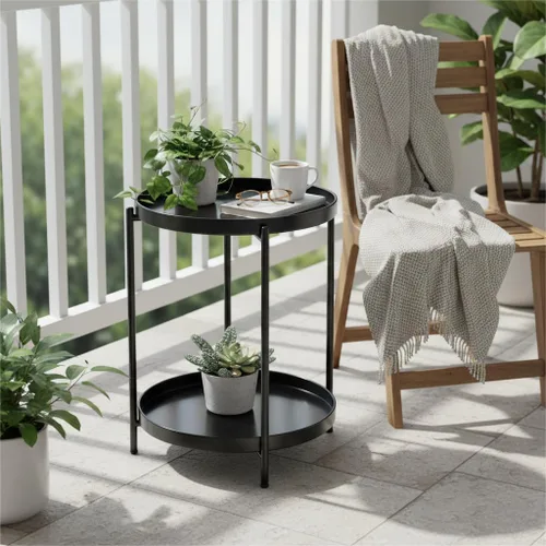 Vista 7 de danpinera Mesa auxiliar redonda de 2 niveles, mesa auxiliar de metal con bandeja extraíble, pequeña mesa decorativa para exteriores, mesita de noche