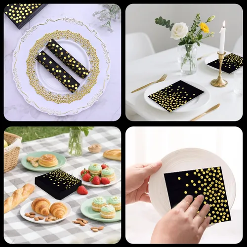 Vista 7 de 100 servilletas de cóctel desechables negras – Servilletas de papel negro y dorado para cumpleaños, boda, aniversario, Año Nuevo, fiesta