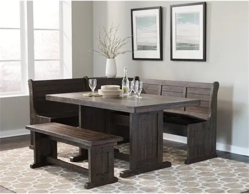 Vista 2 de Pemberly Row Juego de rincón de desayuno de 3 piezas de madera estilo granja con mesa, almacenamiento oculto, superficies en tablas, asientos Hoja