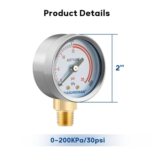Vista 3 de MEASUREMAN Manómetros de baja y alta presión para regulador de acetileno 0-30 psi y 0-400 psi - 2 pulgadas (par) con rosca de 1/4" para reguladores