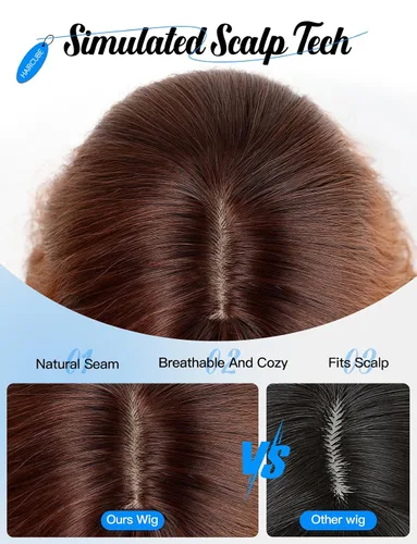 Vista 5 de HAIRCUBE Peluca larga con flequillo, pelucas sintéticas onduladas para mujer, color castaño rojizo
