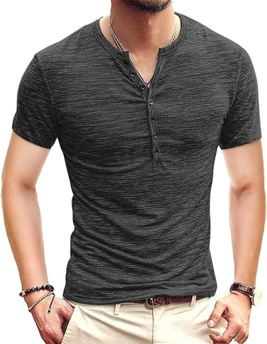 Vista 34 de KUYIGO Camisas Henley para hombre, estilo casual, ajustadas, básicas, de A01 Negro Puro