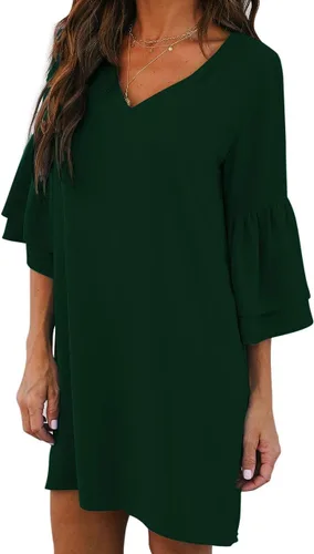 Vista 2 de BELONGSCI - Vestido veraniego para mujer, dulce y lindo, con cuello en V, mangas acampanadas, vestido de tubo, vestido mini, perfecto para bodas