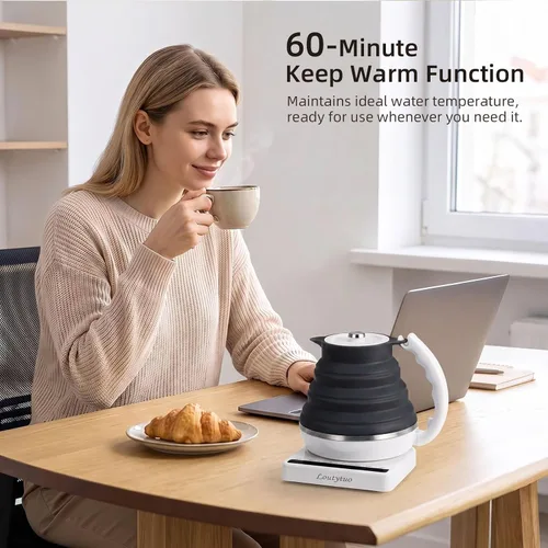 Vista 5 de Hervidor eléctrico de viaje de silicona de grado alimenticio con control de temperatura, 0. 55L (negro)