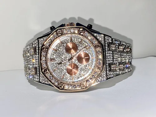 Vista 6 de Reloj de pulsera hexagonal con esfera dorada de 2 tonos para hombre y mujer, pulsera de lujo con diamantes de circonita cúbica, reloj de esfera