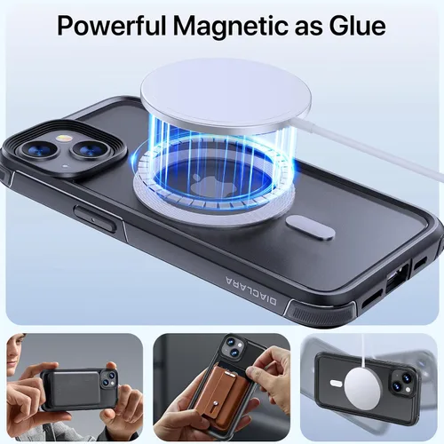 Vista 3 de Diaclara Funda magnética para iPhone 13/iPhone 14, compatible con MagSafe, a prueba de caídas de grado militar de 10 pies, funda translúcida
