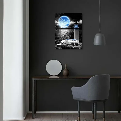 Vista 3 de Lienzo decorativo de pared con diseño de faro costero, decoración de pared de luna azul, decoración blanca y negra para oficina en casa, póster