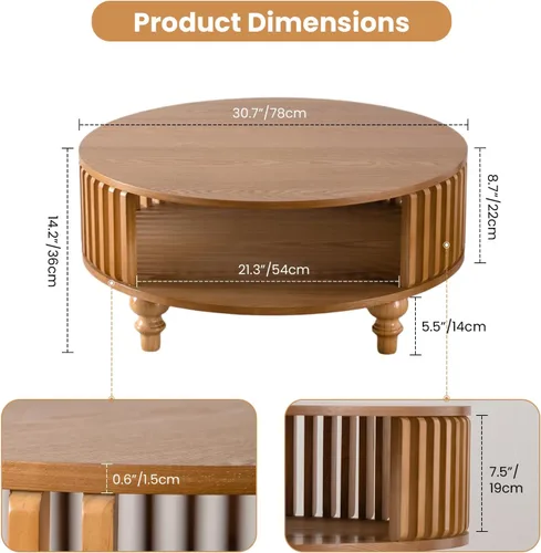 Vista 2 de Mesa de centro redonda de 30.7 pulgadas con almacenamiento, mesa auxiliar moderna de 2 niveles, patas de madera maciza, mesa central pequeña