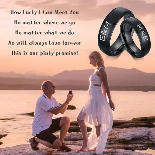 Vista 4 de Juego de anillos de boda negros para él y ella, anillos grabados para hombre, bandas de clase para hombres y mujeres, anillos personalizados