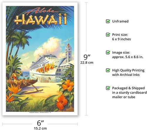 Vista 2 de Pride of Hawaii Cruise Ship - Aloha Towers Honolulu Harbor - Póster de viaje hawaiano vintage por Kerne Erickson - Impresión artística maestra
