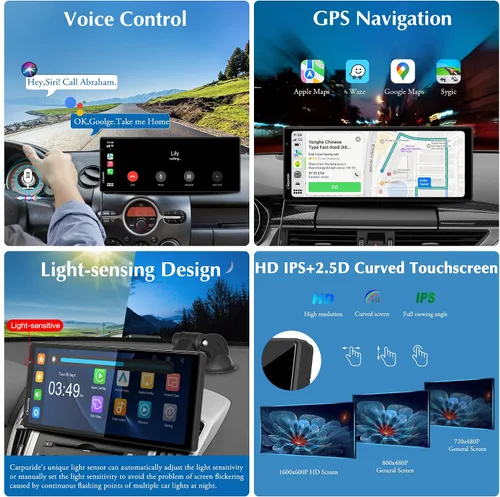 Vista 6 de Carpuride Carplay inalámbrico portátil 4K W903 y Android Auto con cámara de salpicadero, pantalla HD IPS de 9.3 pulgadas, cámara frontal 4K
