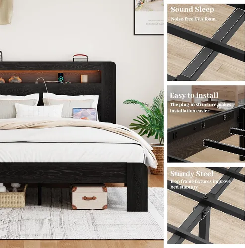 Vista 6 de Marco de cama matrimonial con almacenamiento de cabecero, marco de cama de plataforma de madera con estantería y estantes, estación de carga y luces