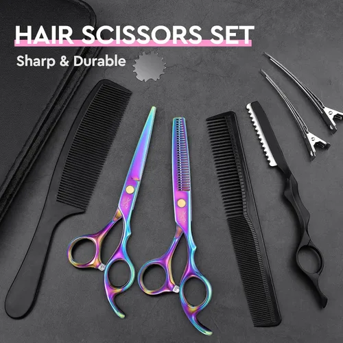 Vista 6 de JASON Kit profesional de tijeras de corte de pelo de 10 piezas, tijeras texturizadoras con 30 dientes, tijeras rectas para peluquería, peluquería