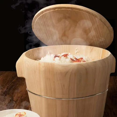 Vista 2 de Vaporizador de madera hecho a mano, vaporizador de arroz para sushi, cubo de mezcla de barril de madera con tapa, vaporizador chino, adecuado
