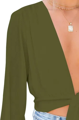 Vista 6 de LYANER Blusa corta sexy de manga larga con cuello en V profundo y nudo frontal para mujer