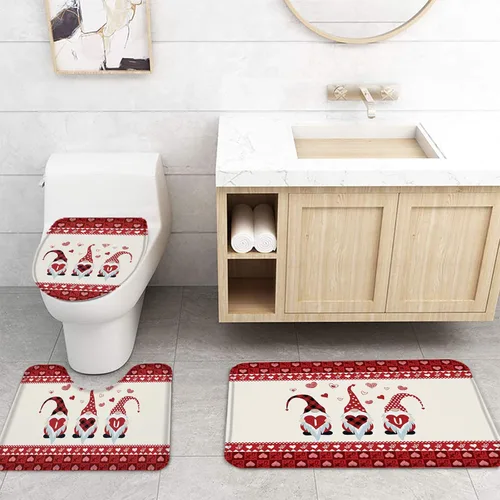 Vista 4 de Juego de 4 cortinas de ducha de lujo de San Valentín para baño, decoración de amor de gnomo rojo, duradero, impermeable, con tapete de baño