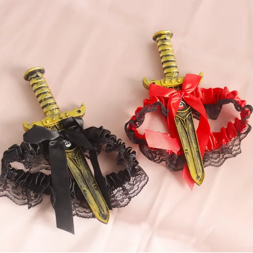Vista 6 de 2 ligas de lazo con daga pirata, anillo de pierna de lazo de encaje, funda de pierna de espada para Halloween, carnaval, accesorios de vestir