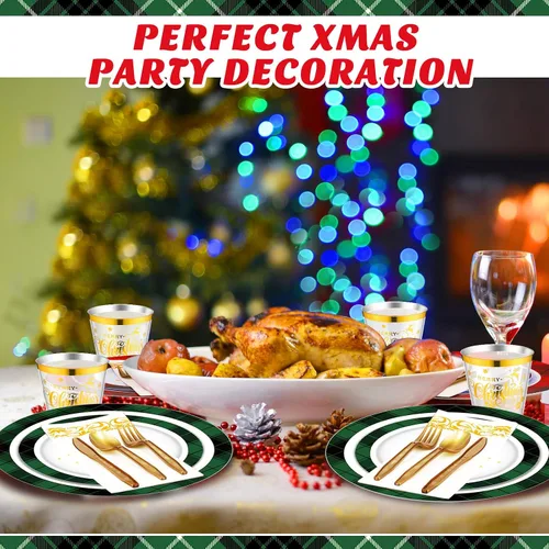 Vista 5 de Layhit Juego de 175 piezas de platos de plástico de Navidad desechables, vajilla de plástico de Navidad desechable para 25 invitados, platos
