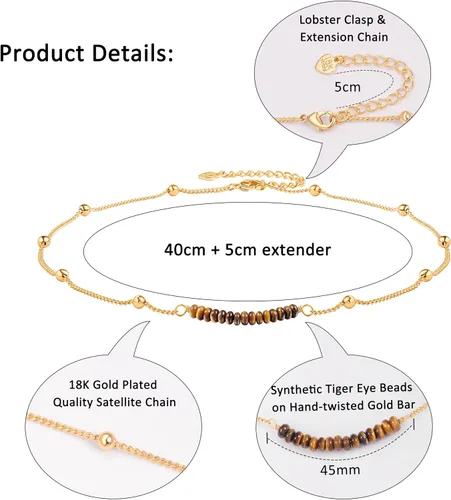 Vista 4 de PERNNLA PEARL Gargantilla de Cadena de Bolas de Satélite de Bordillo Chapada en Oro de 18K, Collar de Barra con Cuentas de Turquesa Sintética