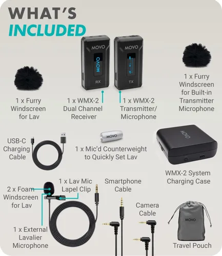 Vista 7 de Movo WMX-2 Micrófono inalámbrico para cámara con estuche de carga, micrófono Lavalier para cámaras DSLR, Vlogging, creación de contenido, cine
