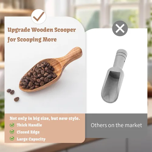 Vista 4 de Cuchara de café de madera, pala grande para café, 2 cucharas grandes de café molido, cucharas de sal de grano de madera, tarros de madera, cucharas