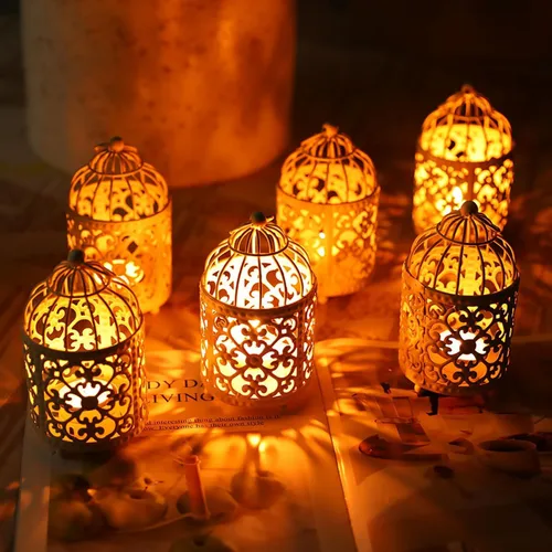 Vista 9 de JHY DESIGN 6 portavelas de metal pequeño de 5.5 pulgadas de altura para colgar en jaula de pájaros, farol de té huecos, portavelas huecos para mesa
