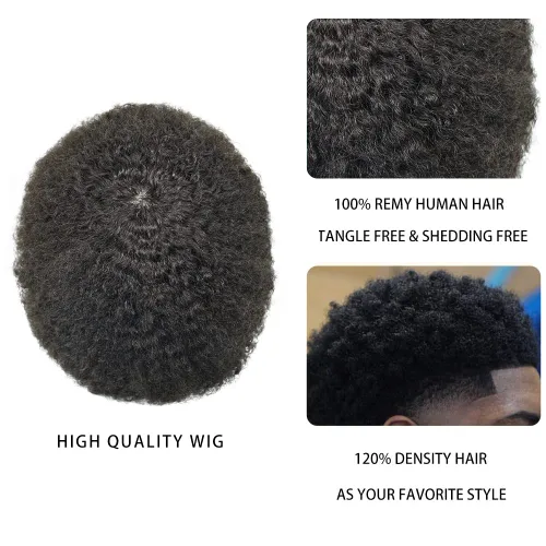 Vista 4 de Full PU tejido rizado para hombre Toupee Afro Toupee para hombres negros Sistema de cabello humano brasileño para hombres negros Piel duradera PU