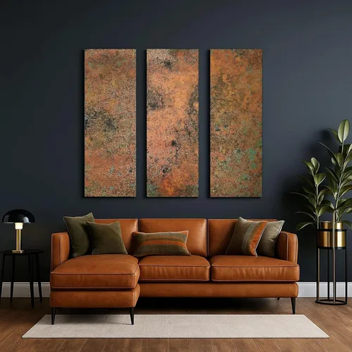 Vista 3 de Arte de pared de cobre real - Arte de metal de 3 paneles - Textura de pátina - Tríptico abstracto moderno - Decoración rústica hecha a mano