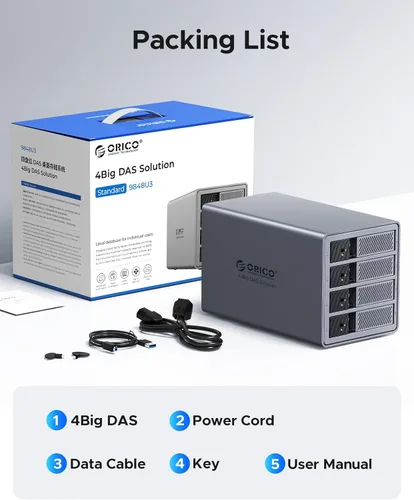 Vista 9 de ORICO Carcasa para disco duro de 4 bahías, compatible con 8 modos RAID para HDD de 3.5 pulgadas máx. hasta 88 TB para almacenamiento externo