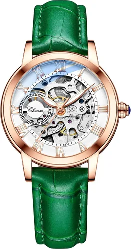 Vista 8 de MASTOP Relojes de mujer de zafiro automáticos Steampunk de cuerda automática mecánicos con pulsera de oro, reloj de esqueleto para mujer con correa