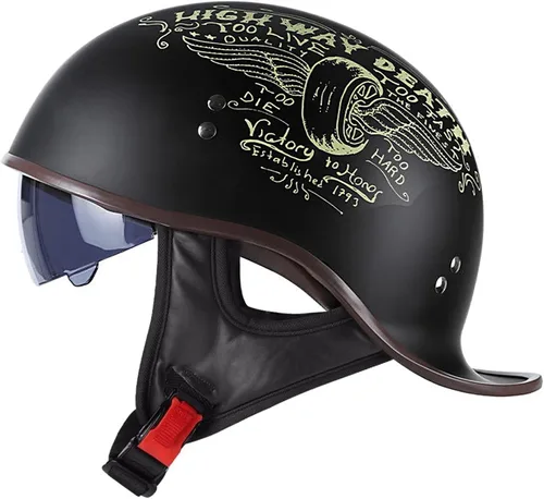 Vista 16 de Casco de motocicleta retro de media cara aprobado por DOT para hombres y mujeres adultos, estilo vintage alemán, con diseño de calavera