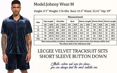 Vista 6 de LecGee Conjunto de pantalones cortos casuales de verano para hombre, camisa de terciopelo de manga corta con botones, pantalones cortos de cintura